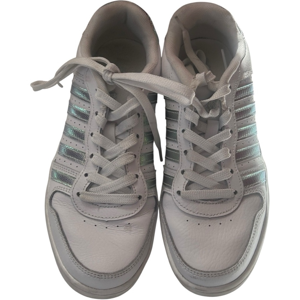 K-Swiss Court Palisades white with iridescent stripes tennis shoes Sz 7.5